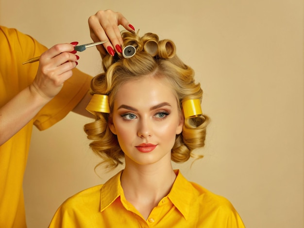 A woman is in the process of getting her hair cut at a beauty salon