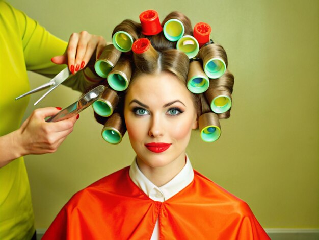 Photo a woman is in the process of getting her hair cut at a beauty salon