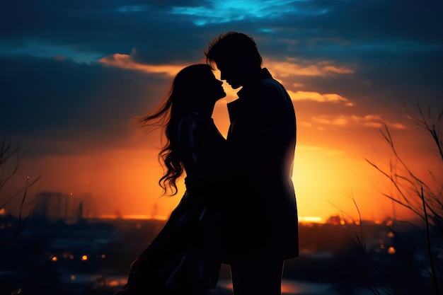 a woman is proposing to another man at sunset in the style of dark skyblue romantic emotion