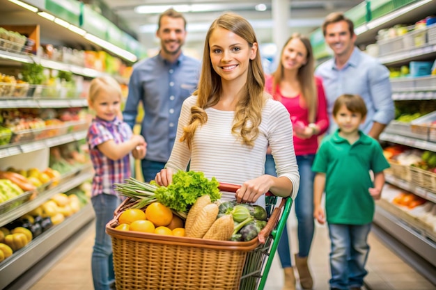 a woman is pushing a shopping cart with a basket full of vegetables