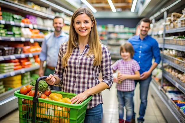 a woman is pushing a shopping cart with a young boy and a boy