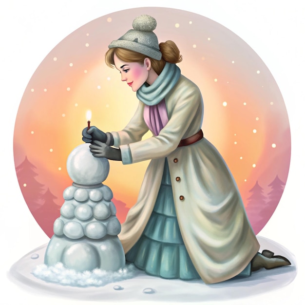 Photo a woman is putting a candle on a snowman