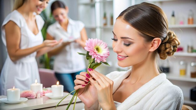 Photo a woman is putting a flower in her hand and the other woman is looking at it