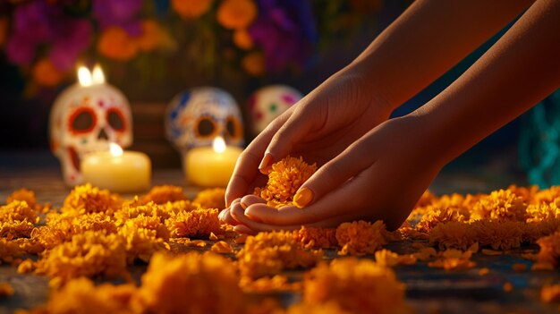 Photo a woman is putting flowers in front of a candle with candles in the background