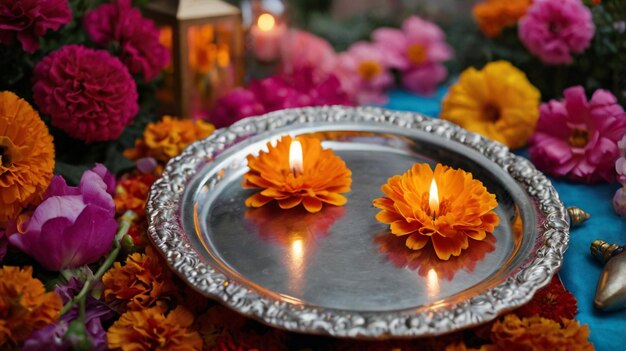 Photo a woman is putting flowers on a tray with candles