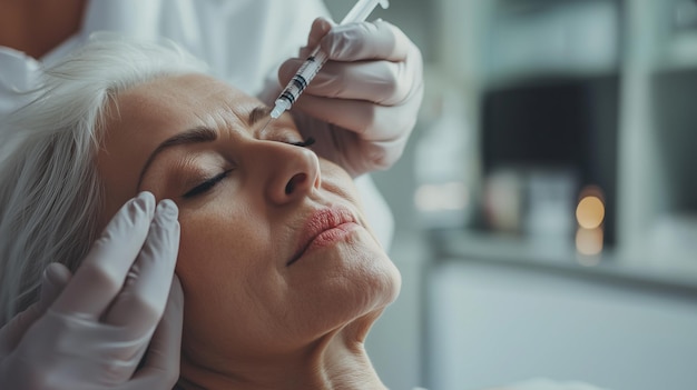 a woman is putting a syringe on her nose