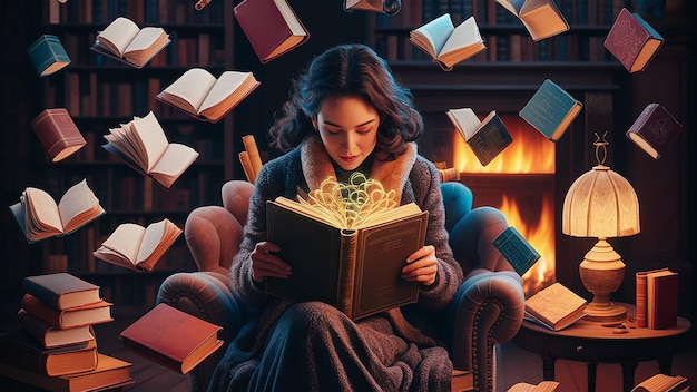 a woman is reading a book by the fire