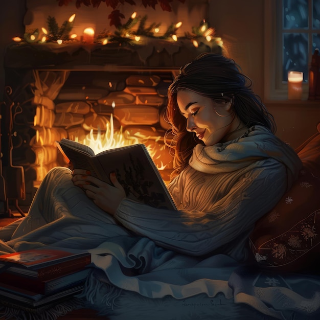 A woman is reading a book by a fireplace