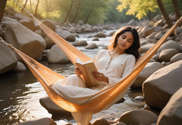 Photo a woman is reading a book by the river