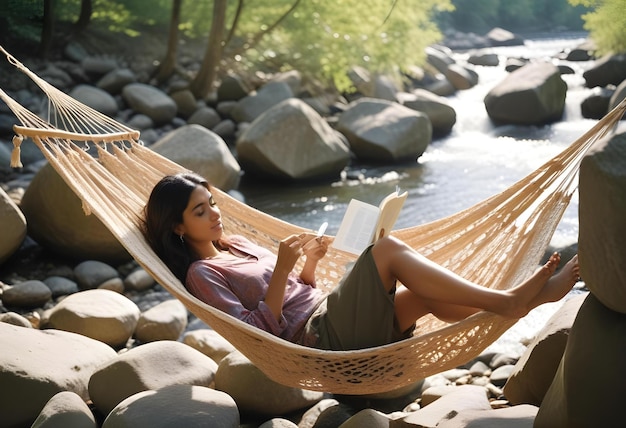 Photo a woman is reading a book by the river