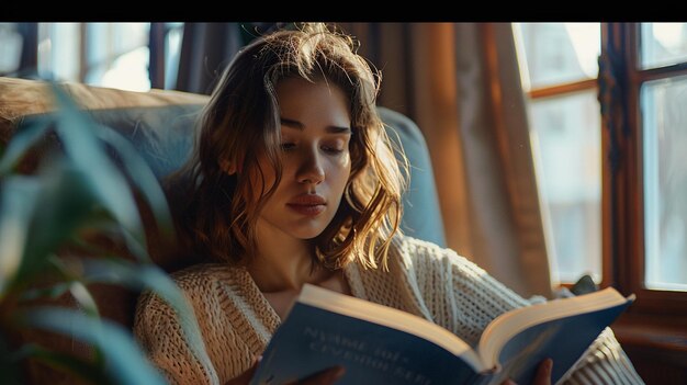 Photo a woman is reading a book in a chair