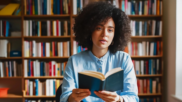 a woman is reading a book in front of a bookshelf