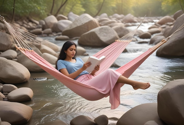 Photo a woman is reading a book in a hammock by a river