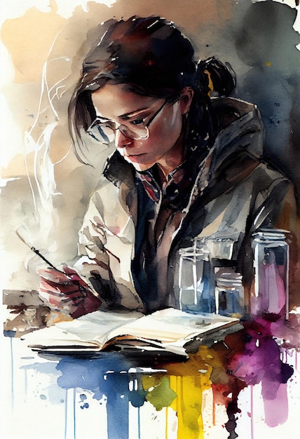 A woman is reading a book and is looking at a glass of water.