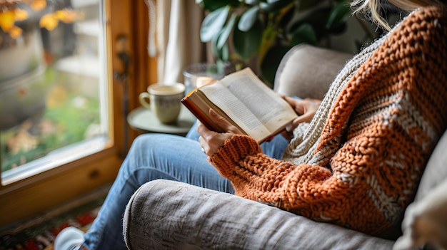 a woman is reading a book in a living room