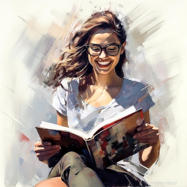 A woman is reading a book and smiling.