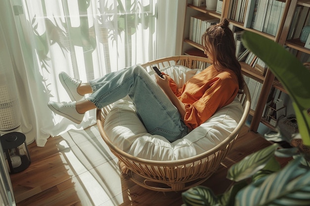 Photo a woman is reading a book in a wicker basket