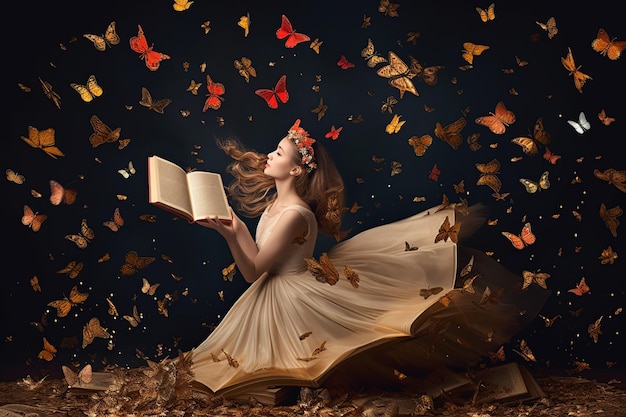 A woman is reading a book with butterflies flying around her.