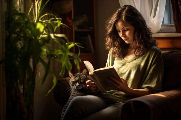 a woman is reading a book with a cat on her lap