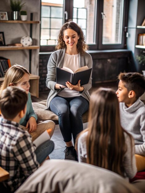 Photo a woman is reading a book with her children