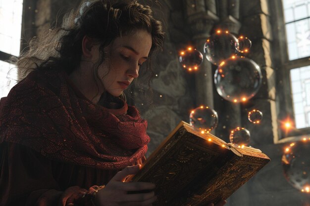 Photo a woman is reading a book with a light on it