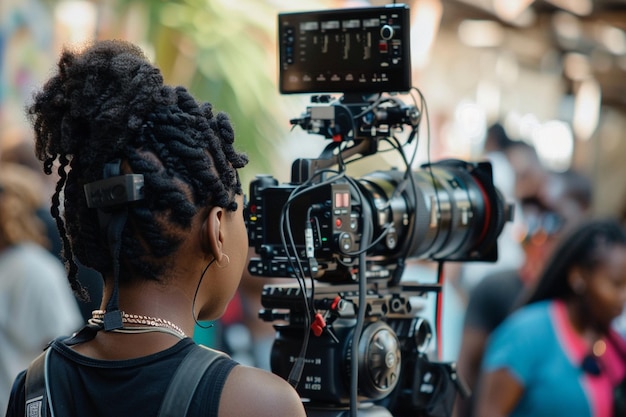 a woman is recording a video with a camera on it