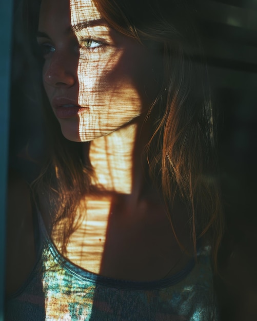 Photo a woman is reflected in a window with the sun shining through her eyes