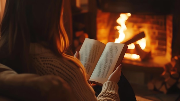 A woman is relaxing by a fireplace and reading a book