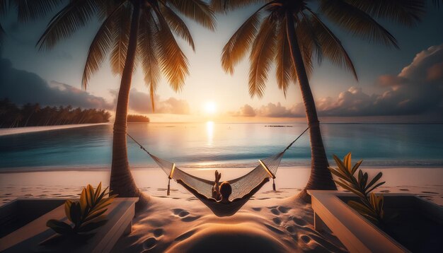 a woman is relaxing in a hammock on the beach at sunset