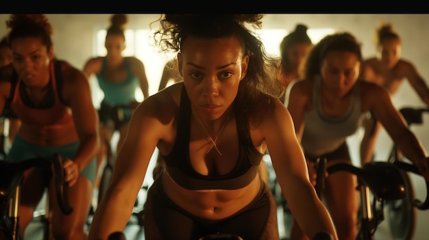 a woman is riding a bike with a group of people in the background