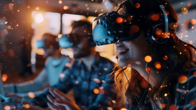 a woman is riding a bus with a virtual reality headset