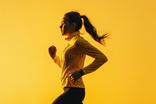 a woman is running in front of a yellow background