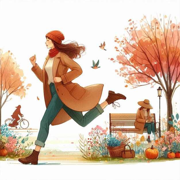 Photo a woman is running in a park with a woman in a hat and coat