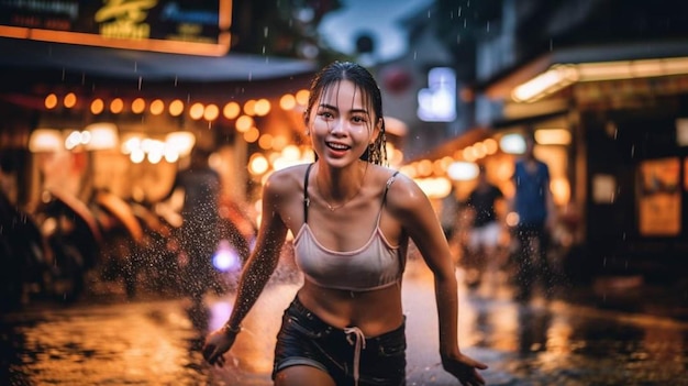 A woman is running in the rain in bangkok