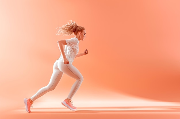 A woman is running on a track with her hair blowing in the wind on a soft peach color background