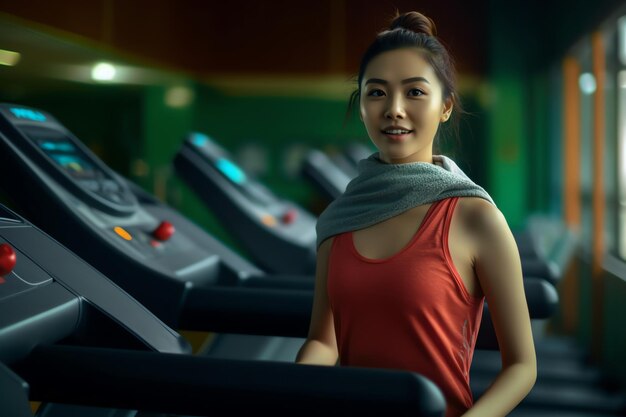 A woman is running on a treadmill in a gym.