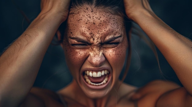 Photo a woman is seen fiercely expressing her anger gripping her hair in frustration her facial expression conveys intense emotions surrounded by a dark background that emphasizes her feelings