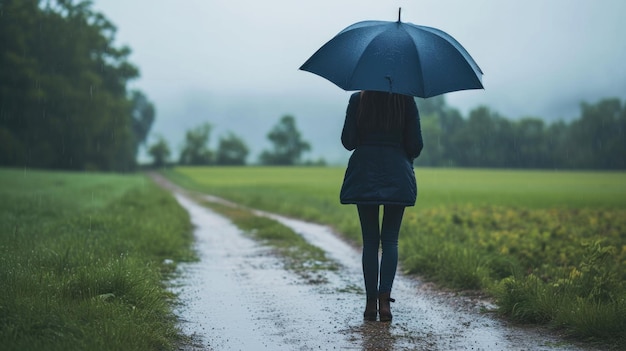 A woman is seen walking down a dirt road holding an umbrella This image can be used to depict solitude protection or walking in nature