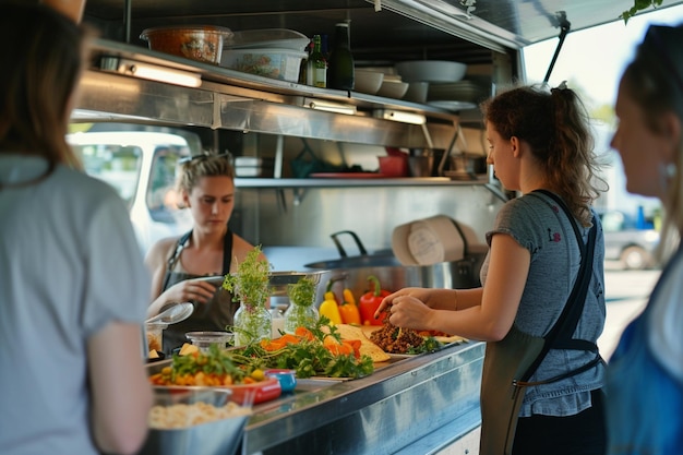 a woman is serving food in a kitchen with other people