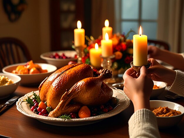 a woman is serving a turkey on a table with candles