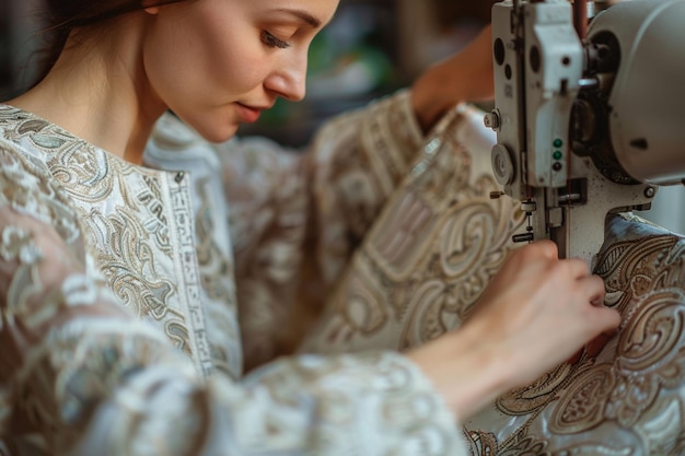 A woman is sewing a piece of clothing