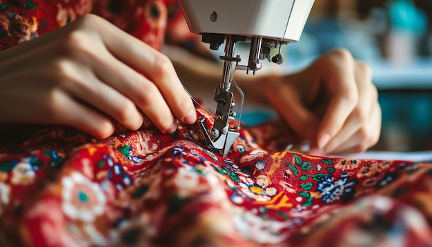 Photo a woman is sewing on a sewing machine