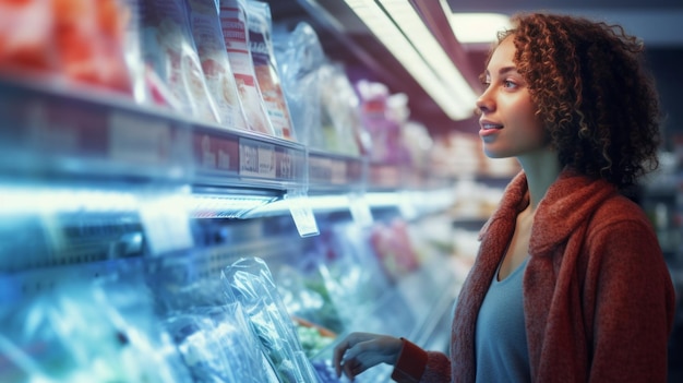 A woman is shopping in a grocery store and is looking at the produce section