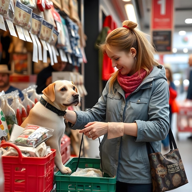 a woman is shopping with a dog in a grocery store