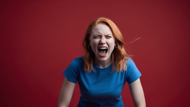 Photo a woman is shouting or screaming against a red background