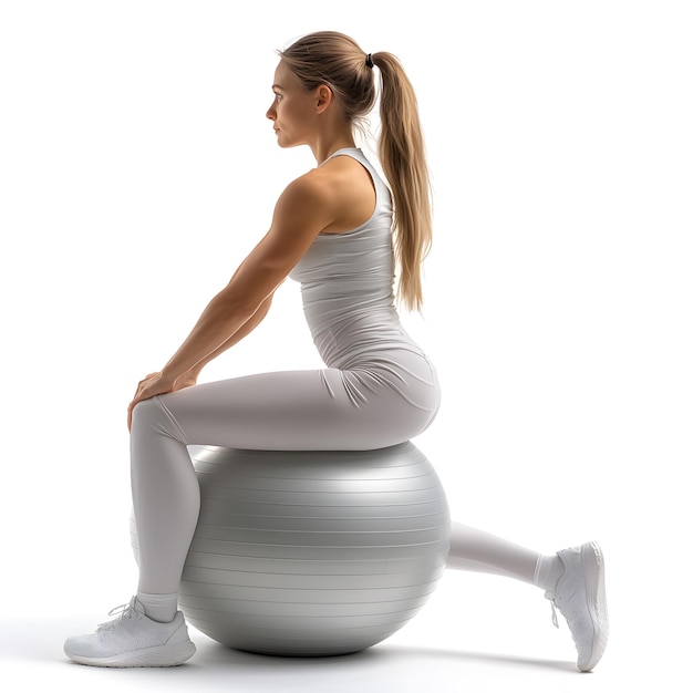 a woman is sitting on a ball with a white ball