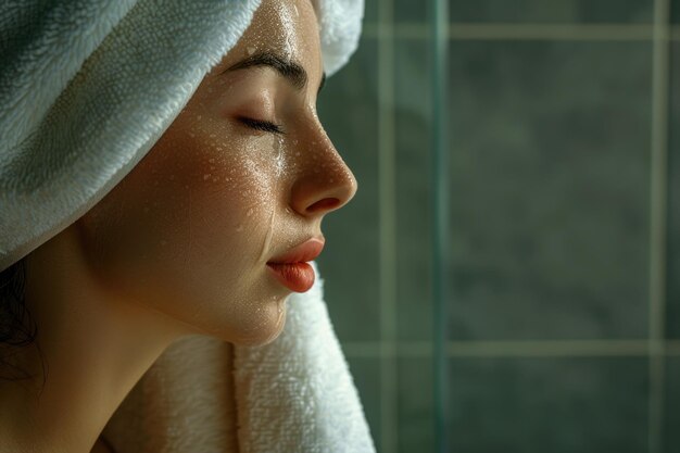 A woman is sitting in a bathroom with a towel draped over her head