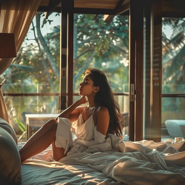 a woman is sitting on a bed and looking out a window