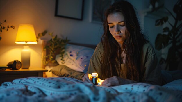 a woman is sitting in a bed with a candle in her hand