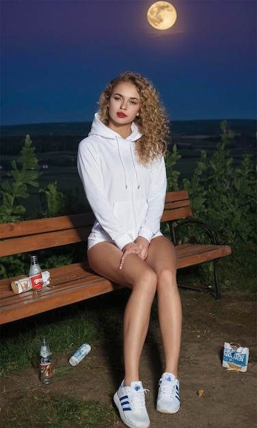 a woman is sitting on a bench with a bottle of soda